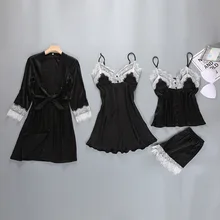 Пикантные весенние банный халат пижамы наборы 4 шт ремень Топ и штаны костюм пижамы Повседневное дома ночная рубашка халат-кимоно M-XL