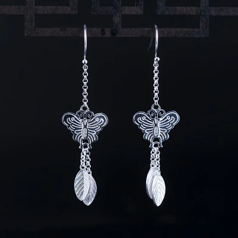 butterfly Chinese style vintage tassel earrings woman 100% 925 Sterling silver Jewelry dangle earrings for women silver earring