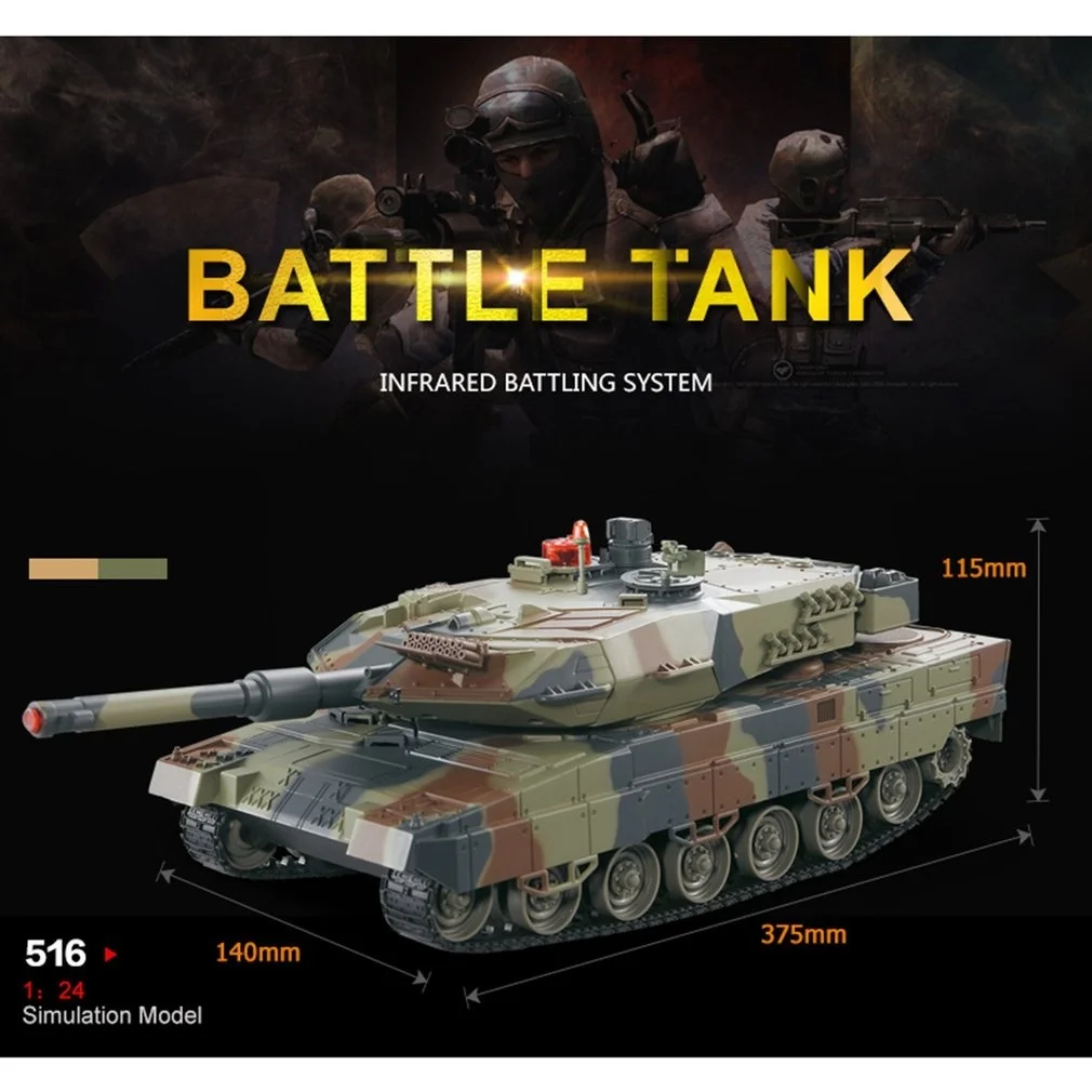 Battle Tank 1/24 Scale German Leopard A6 Infrared Fighting RC Battle Tank with Sound and Lights Wireless RC Tank Toys