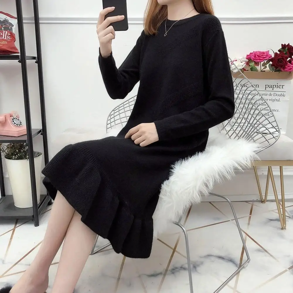 chic Winter Black Sweater Dress Women O-neck Long Sleeve Mid-Calf thick Knit Dress bodycon female slim girl short dress - Цвет: Черный