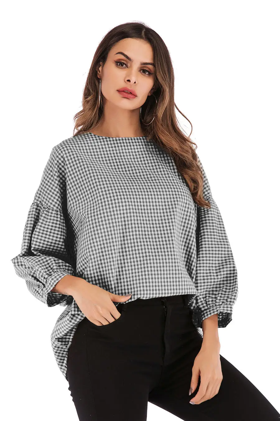 Gladiolus New 2019 Spring Plaid Shirt Women Puff Sleeve O Neck Button Loose Blouse Women Shirts Summer Casual Ladies Shirt Tops (16)