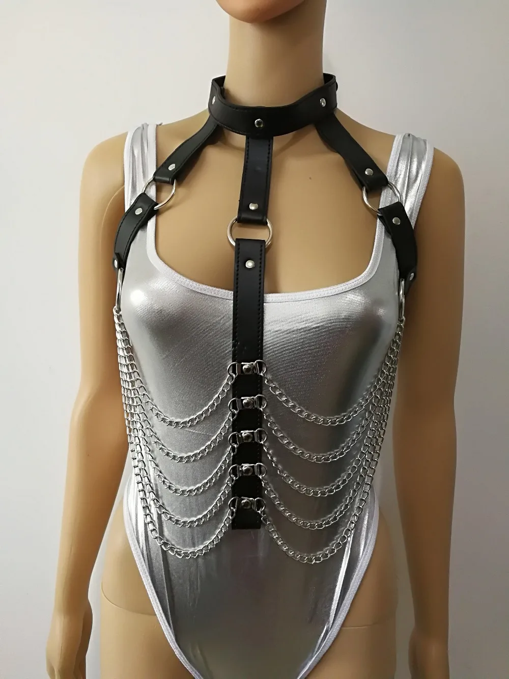 

New Arrival B752 Women Leather Harness Silver Body Chains Sexy Slave Layers Chains Jewelry Short Leather Chains Jewelry