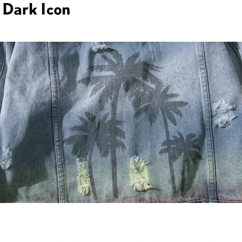 Dark Icon Ripped Denim Jacket Men 2018 Turn-down Collar Jeans Jacket Hip Hop Jacket Coconut Tree Jackets for Man Male Clothes