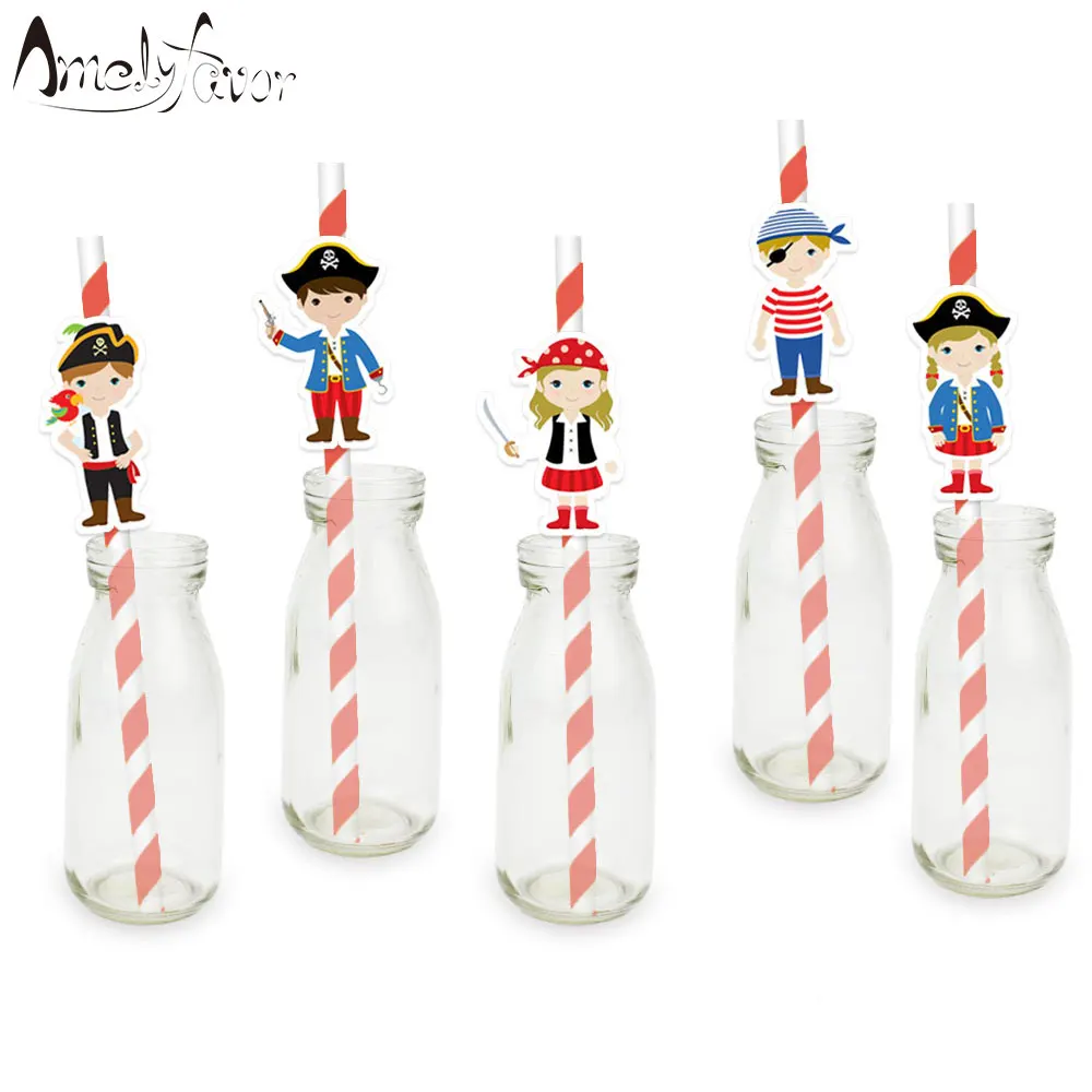 

Little Pirate Straw 25PCS Paper Straws Birthday Party Festive Supplies Decoration Paper Drinking Straws Pirate Character Straws