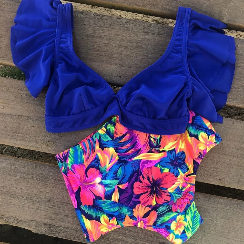 HTB1zVa6XLvsK1RjSspdq6AZepXaV 2019 New Bikini Floral Ruffled Bikini Set Women V-neck High Waist Two Piece Swimsuit Girl Beach Bathing Suit Swimwear Biquinis