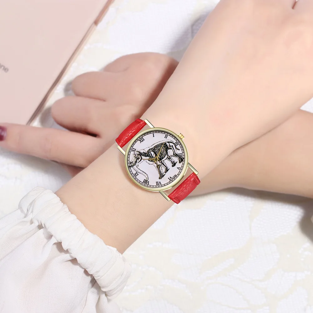 

New Style Quartz Causal Watch Women Leather Watches Rose Gold Case Round Black Red Analog Watch