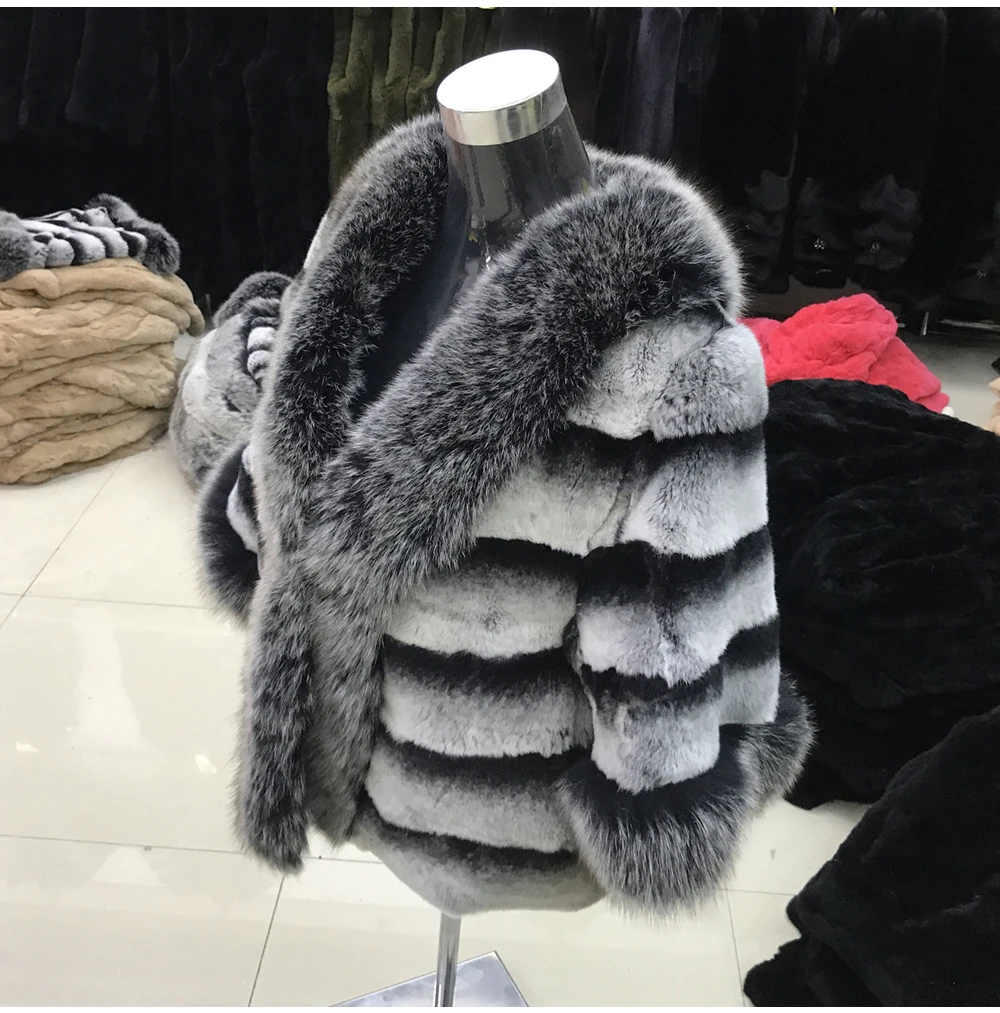 Perfect Women Rex Rabbit Fur Coat Warm Soft Rex Rabbit Fur Jacket With Big Real Fox Fur Collar 100% Natural Real Rex Rabbit Fur Overcoat 2