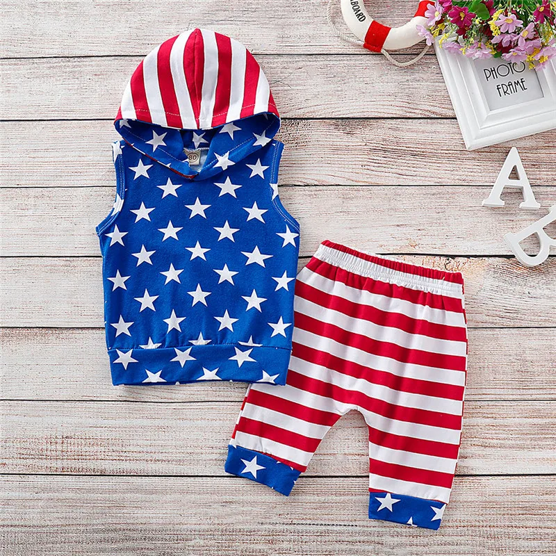 Baby Boy Summer Clothes Toddler Baby 4th of July Stars and Striped Patriotic Hooded Tops+Shorts Outfits Vetement Enfant Garcon