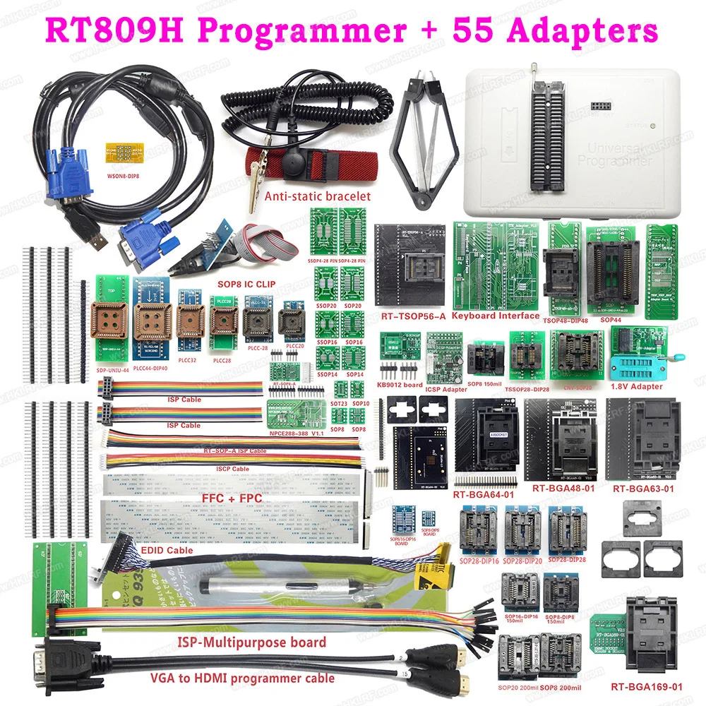 

RT809H EMMC-NAND FLASH USB Programmer + 55 Items BGA48 BGA64 BGA169 TSOP56 SOP44-DIP44 All Adapters With EDID Cble + Sucking Pen