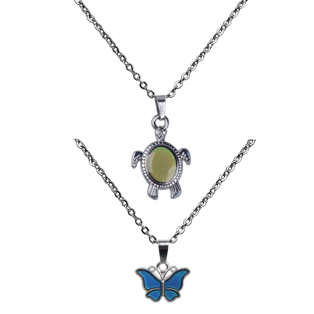 2 Pieces/Pack Mini Butterfly Turtle Pendant Color Change Emotion Mood Lady Mens Long Chain Necklace