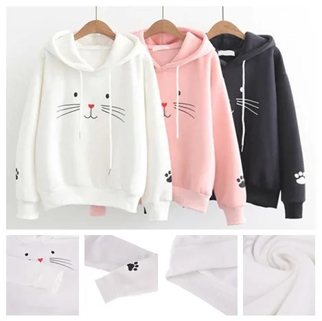 2019 Spring New Cat Print Hoodies Women Fleece Long Sleeve Pullover 3 Colors Female Pullover Sweatshirt