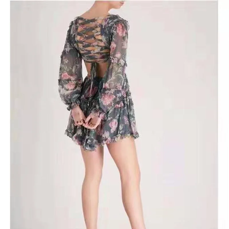 

Cosmicchic Floral Print Silk Mini Dress Backless Cross Strap Beach Dress Resort Ruffles Short Runway Boho Dresses