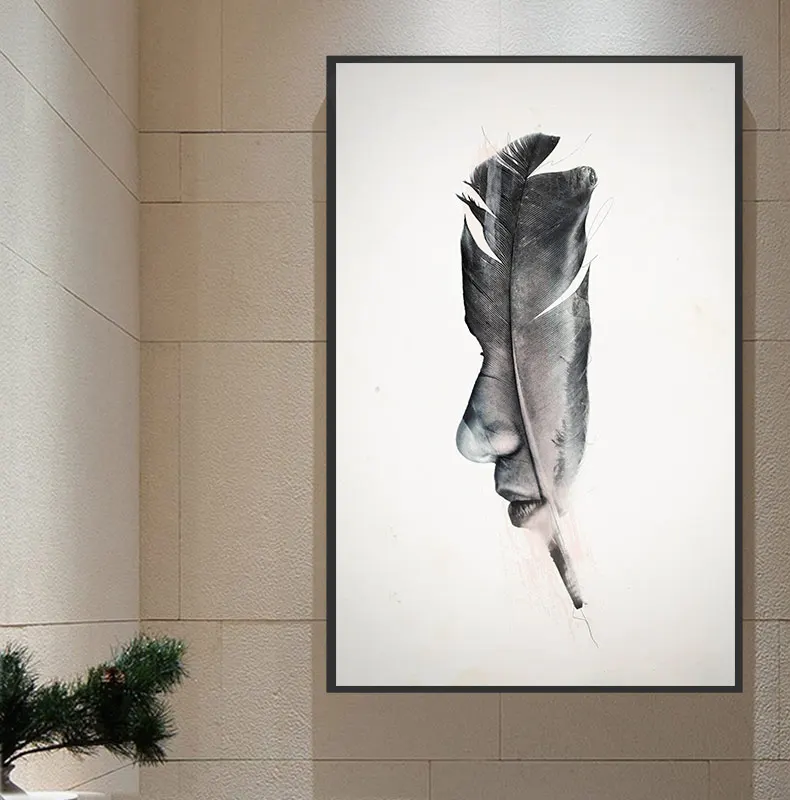 Скандинавский креативный Черный Белый перо человек лицо Холст Искусство Мода Настенная картина для гостиной вход абстрактный большой плакат печать