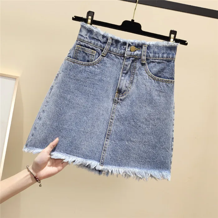 Женская джинсовая юбка размера плюс с завышенной талией новая весенняя летняя юбка большого размера повседневная короткая юбка трапециевидной формы Q61 - Цвет: Light blue