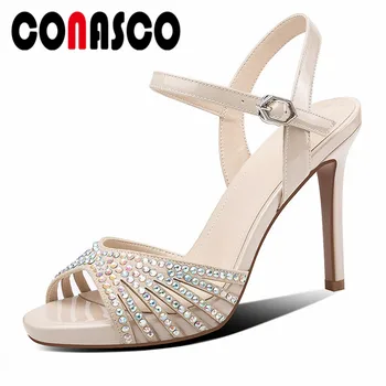 

CONASCO Classic Peep Toe Thin Heels Women Sandals 2019 Summer New Genuine Leather Bling Buckle High Heels Party Shoes Woman