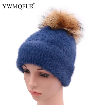 

2018 New Arrival Winter Imitation Mink Fur Women Beanies Hats With Real Raccoon Fur Ball Solid Knitted Lady Caps Female Warm Hat