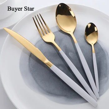 Buyer Star Flatware Set Gold Polish Black Handle Stainless Steel Food Silverware Dinnerware Utensil Kitchen Dining Cutlery Set 1
