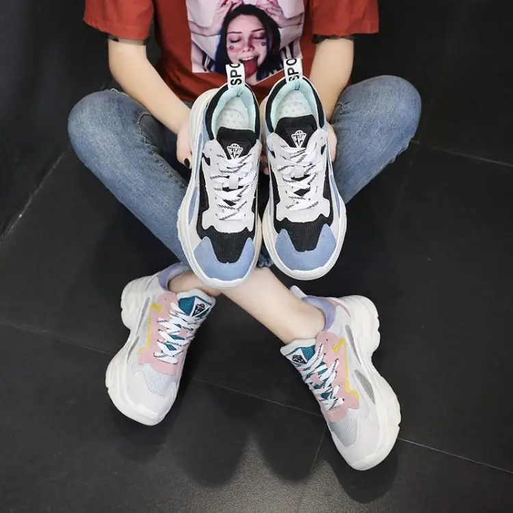 

Mixed Color Suede Sneakers Women Chic Sewing Upper Trainers Shoes Low Top Lace Up Zapatos De Mujer Platform Hoof Heels Shoes