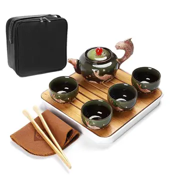 

Traditional Chinese Kungfu Tea Set Ceramic Teapot Gaiwan Tea Cup Pot Caramel Green Red Fish Pattern Portable Tea Set Drinkware