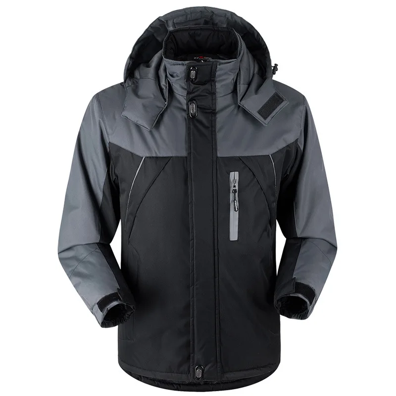 Зимний пуховик для мужчин, теплое пальто из плотного бархата, мужские ветрозащитные куртки с капюшоном, верхняя одежда, повседневное пальто для альпинизма размера плюс 5XL - Цвет: Black
