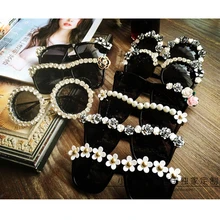 Оригинальные Модные женские солнцезащитные очки, 12 дизайнов, Ретро стиль, стразы, солнцезащитные очки для женщин, ручная работа, цветок с жемчугом, пляжные солнцезащитные очки