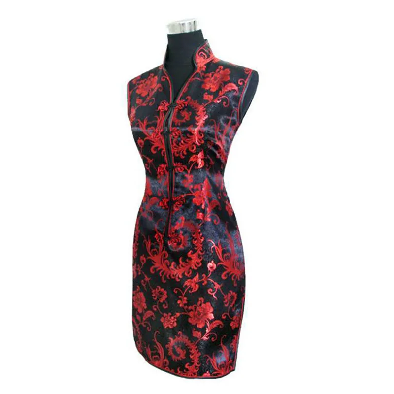 Black Red Chinese Traditional Women Summer Dress Silk Satin Cheongsam Sexy V-Neck Qipao Floral Size S M L XL XXL XXXL