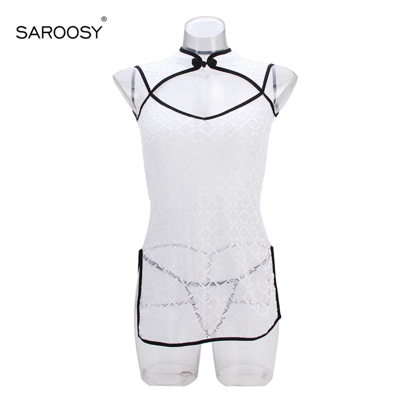 SAROOSY 2018 New Sexy Chinese Cheongsam Exotic Sets for Women Open Bra Button Deep V Detail Dress Valentine's Day Fashion Femme