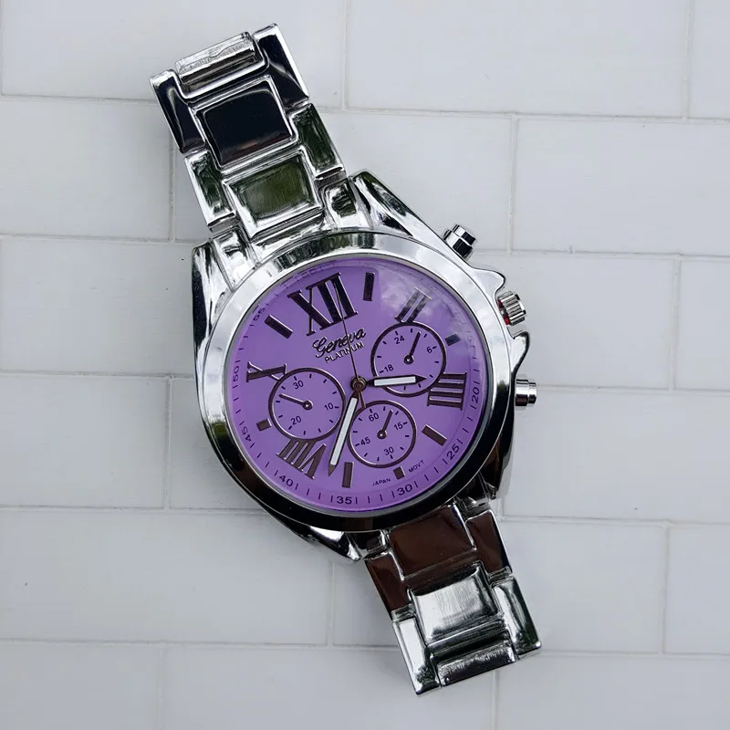 Женские часы Женевская нержавеющая сталь часы, Топ качество Япония Movet цветные лица Ссылка часы два тона браслет часы - Цвет: Фиолетовый