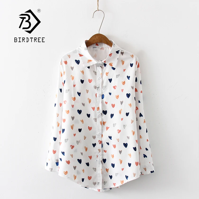 

New Arrival Women Multicolor Love Heart Painting Print Long Sleeve White Shirt Turn-Down Collar Blouse Chic Top T97503F