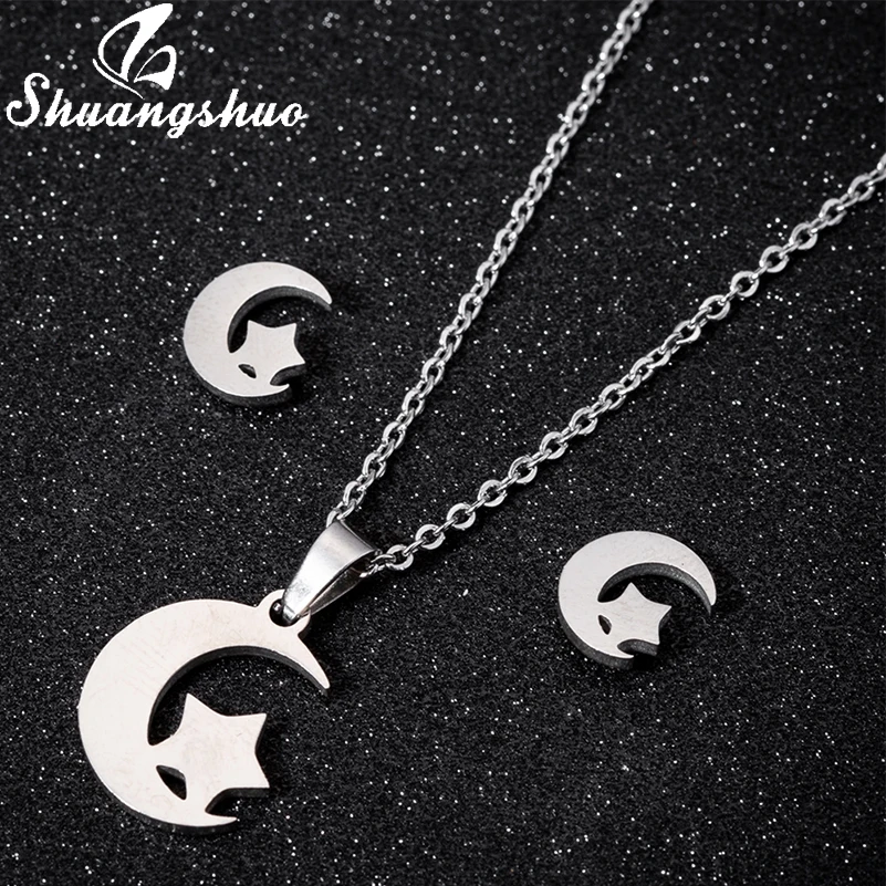 Shuangshuo, маленькая звезда и луна, серьги-гвоздики, ожерелья, Звездные Серьги для женщин, минималистичные ювелирные изделия из нержавеющей стали, подарки на день рождения
