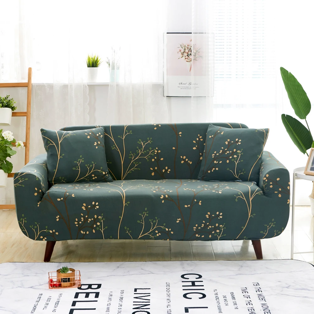 Dark Green Pastoral Leaves Print Sofa Covers Slipcover Stretch Elastic Spandex/Polyester Chair Loveseat L Shape Sectional