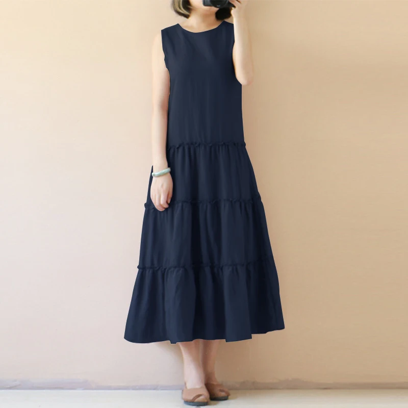 ZANZEA летнее хлопковое льняное платье для женщин с круглым вырезом без рукавов в стиле пэчворк повседневные свободные однотонные вечерние платья с длинными рукавами размера плюс - Цвет: Navy