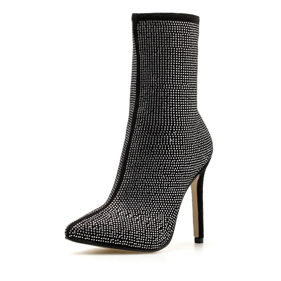Осенне-зимние сапоги; модные женские туфли на высоком каблуке 11 см с острым носком, украшенные блестящими стразами; пикантные женские ботинки - Цвет: Черный