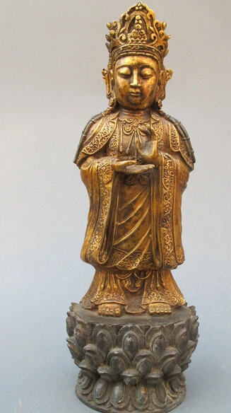 

009039 17"Tibet Buddhism Fane old Bronze stand on pedestal Guan yin Statue
