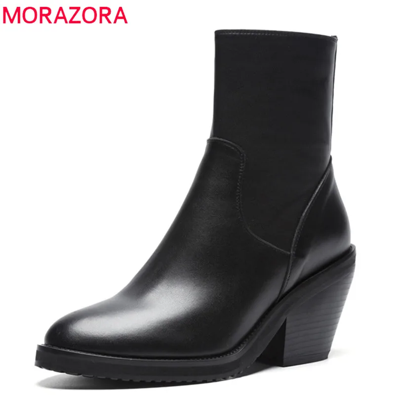 

MORAZORA 2020 top quality women's boots genuine leather autumn ladies shoes round toe square heels fashion ankle boots black