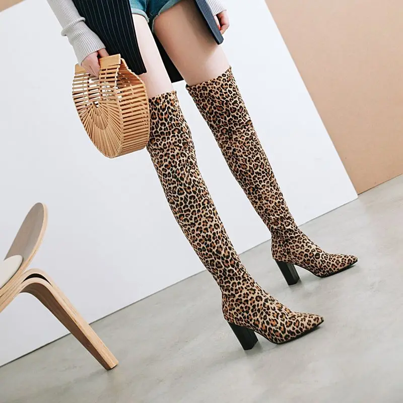 MORAZORA/Большие размеры 33–43 Женские ботинки толстые Обувь на высоком каблуке Эластичные ботфорты Модные женские облегающие ботинки; женская обувь