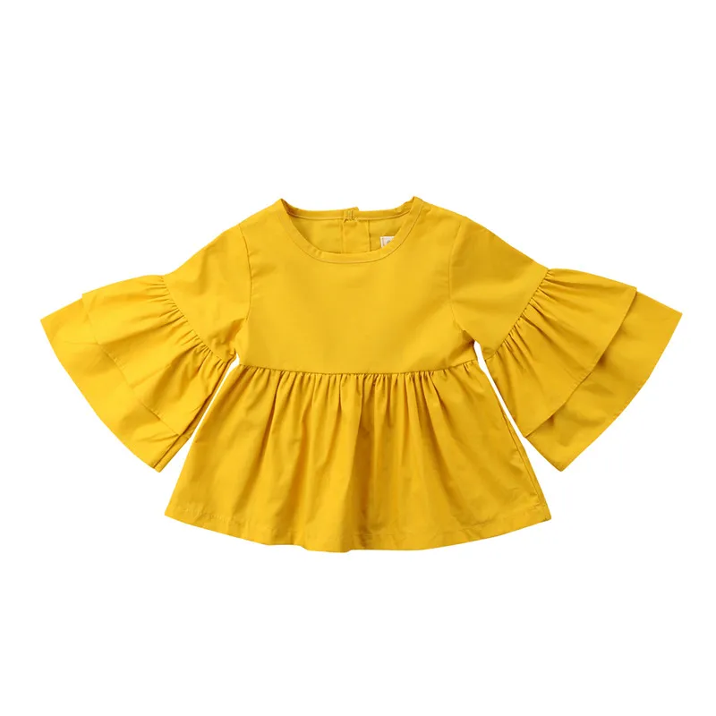 Sweet Baby Girls Kids Bloue Solid Yellow Long Flare Sleeve Girl Tops