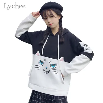 

Lychee Harajuku Cat Patchwork Hooded Women Sweatshirt Fleece Casual Loose Long Sleeve Female Sweatshirt Pullovers Hoodie