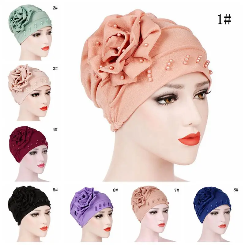 Pearls Beaded Hair Loss Head Wrap Floral Cotton Women Beanie Muslim Turban Cancer Chemo Cap Womens Hijab Turban 10pcs/lot