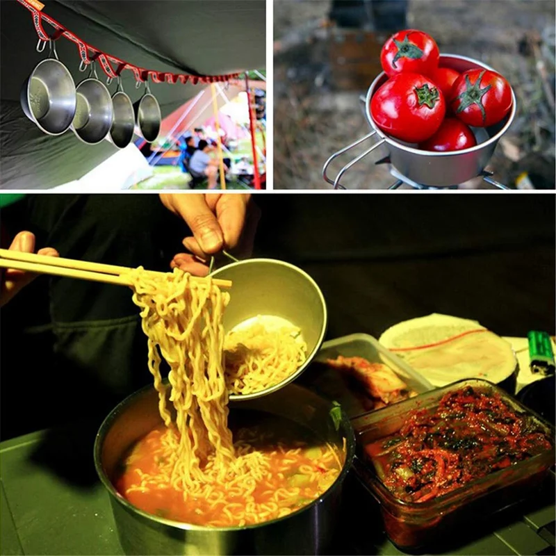 Outdoor Stainless Steel Bowl Three-Piece Picnic Rice Bowl Portable Barbecue Folding Cup Climbing Cup Camping Cookware