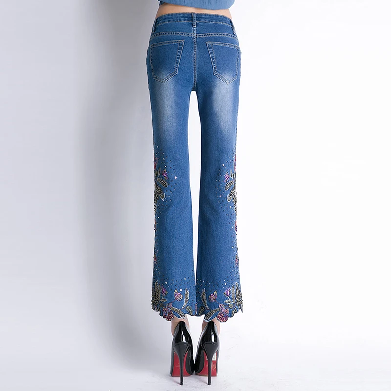 FERZIGE Women Jeans High Waist Stretch Floral Embroidered Flares Bell Bottoms Hand Beading Slim Fit Boot Cut Ankle-length Pants Jeans