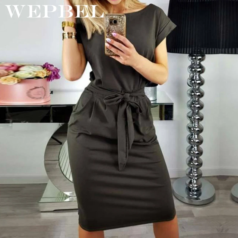 

Wepbel Women Summer Dress Casual Pocket Bow Belt Knee-length Part Dresses
