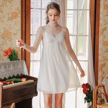 

Princess Sleeping Skirt Summer Soft Sexy Perspective Womens Nightgown Sleepwear Solid Night Dress Spaghetti Strap Night Gown