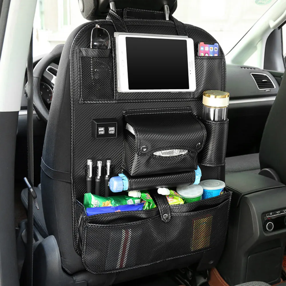 4 USB) Высококачественная кожаная Автомобильная задняя сиденье многокарманный Органайзер Автомобильная сумка на спинку кресла автомобильный дорожный Органайзер с лотком для детей