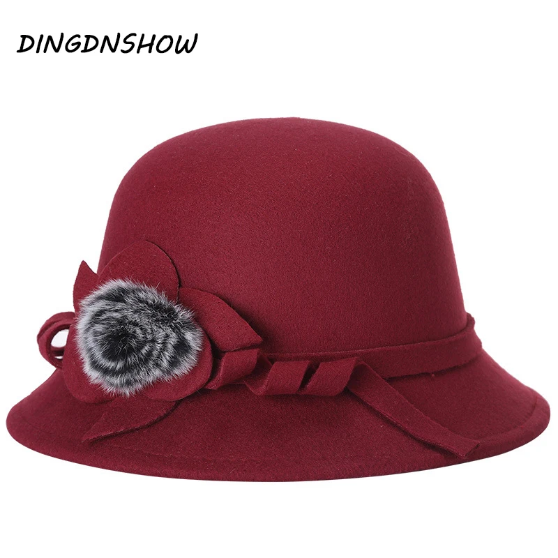 

[DINGDNSHOW] 2019 Fashion Fedora Hat Adult Wool Flower Winter Cap Lady Bowler Derby Floppy Felt Hats Women