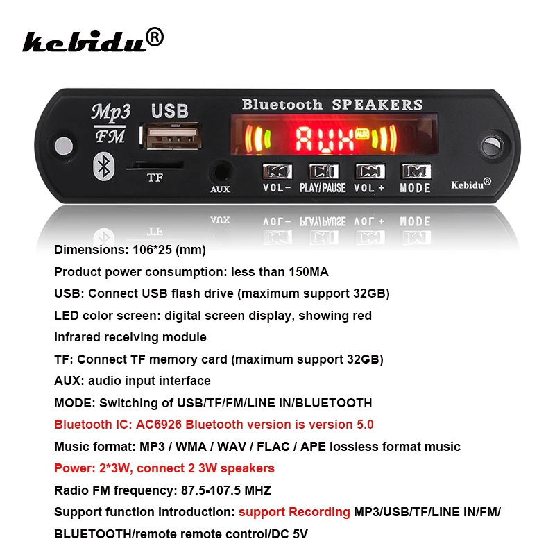 

Color Screen 5V Car Bluetooth5.0 MP3 Decoder Board WAV WMA Record MP3 Player Hands-free with Mic USB/FM/TF/AUX Audio Module