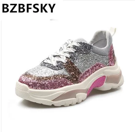 

BZBFSKY2019 Women Glitter Platform Sneakers 2018 Fashion Women's Chunky Shoes Woman Triple Sole Metallic Sequins Bling Footwear