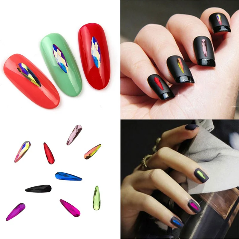 

10pcs Nail Art Rhinestones for Nail Crystal Glass Stones 3D Nail Decoration Flatback Glue On Gems Color Drop Oval Triangle
