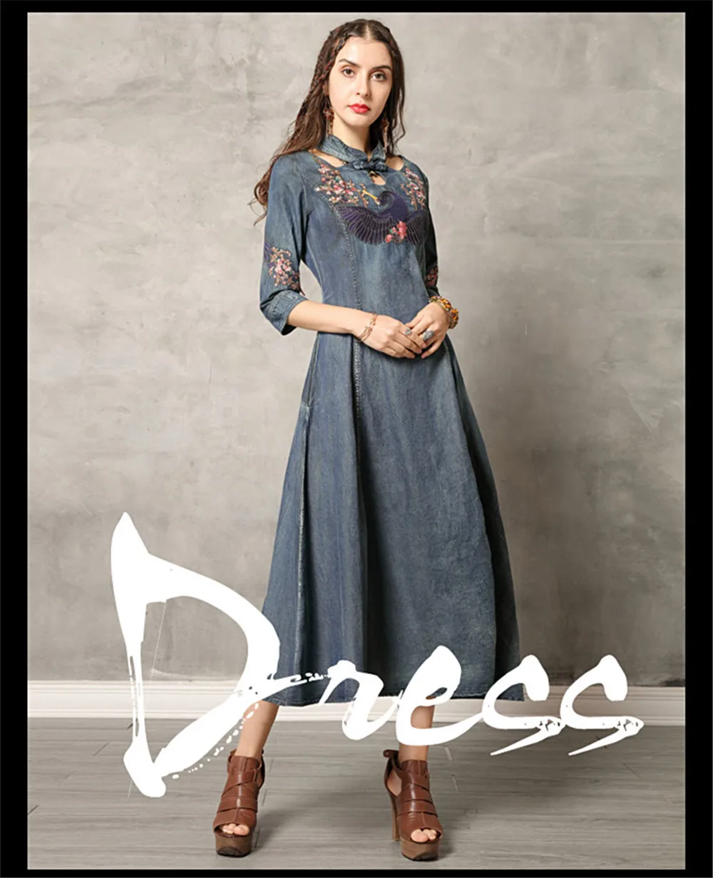 Vintage Summer Denim Dress 2019 Embroidery Women Dresses Stand Collar A-line Three Quarter Sleeve Elegant Vestidos K82137 (1)