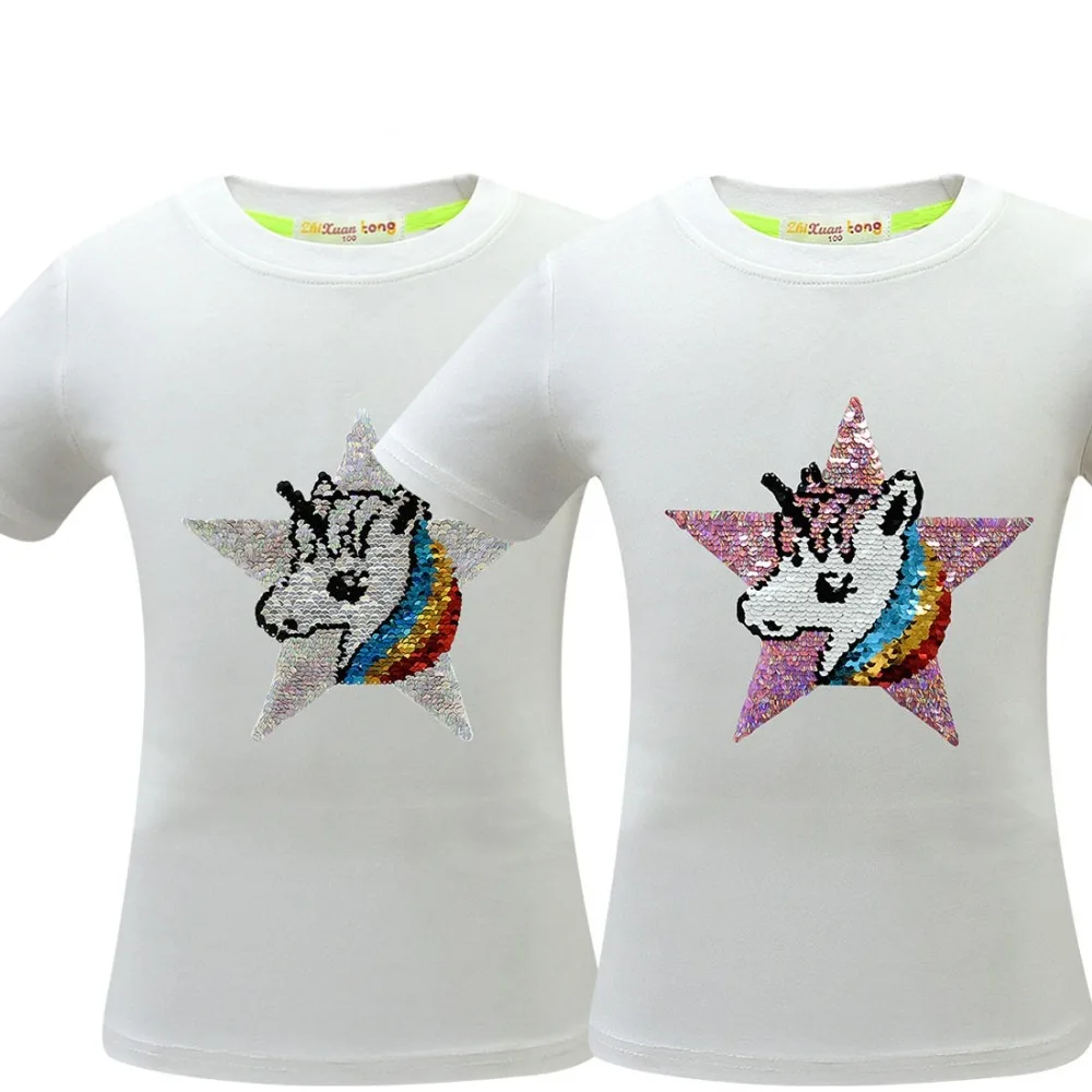 Футболка с единорогом летняя одежда для маленьких девочек Camiseta Unicornio, футболка топы для девочек, Femme, Детская футболка, Enfant, для дня рождения, цветная, с блестками